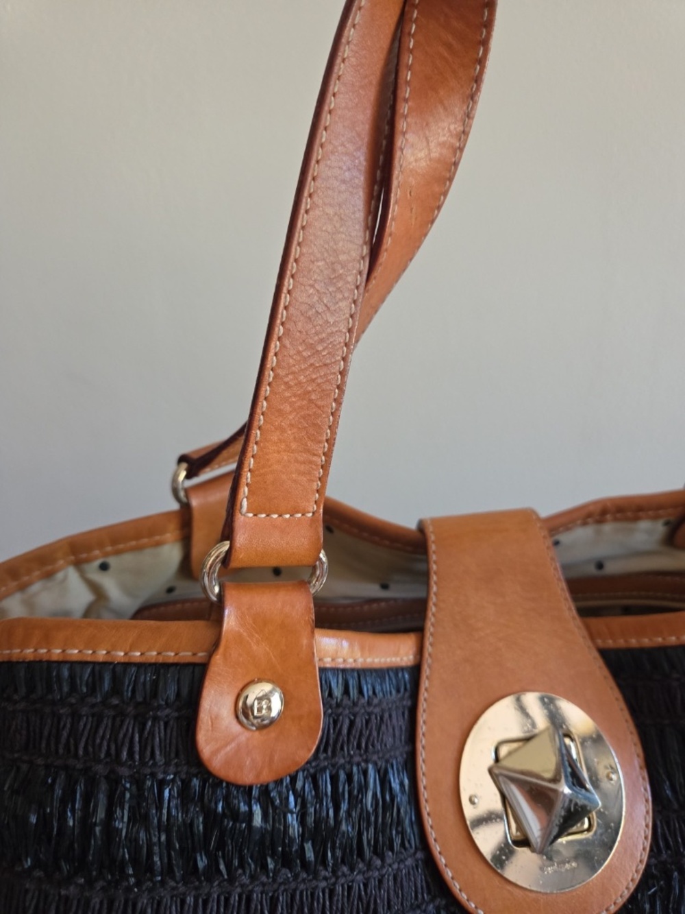 Vintage Kate Spade black straw purse handbag wooden bottom leather trim - Picture 8 of 12